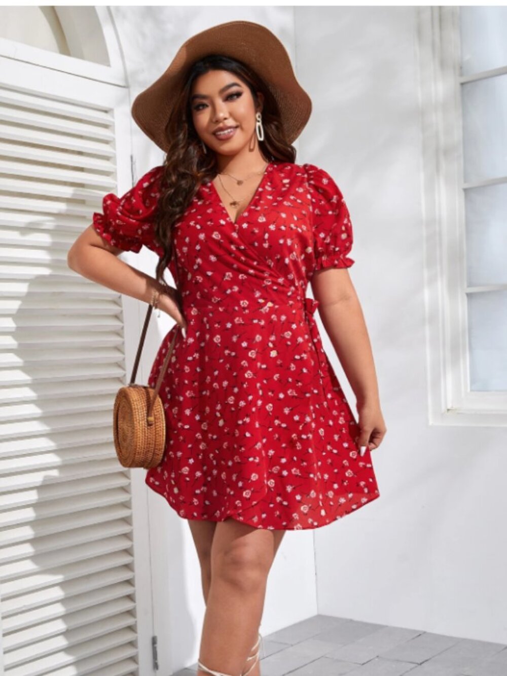 SHEIN Boho Ditsy Floral Print Puff Sleeve Knot Side Wrap Dress Size 0XL Short